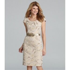 Antonio Melani Gold Foil Nude Beige Cap Sleeve Sheath Dress Belt Sz 8 Office NWT